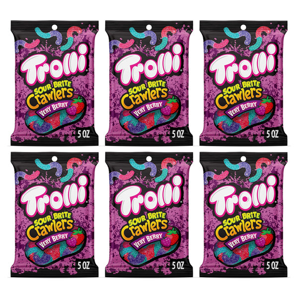 Six packs of Trolli Sour Brite Crawlers Very Berry Sweet and Sour Gummy Worms 5oz, from Trolli, are displayed in two rows of three against a white background.